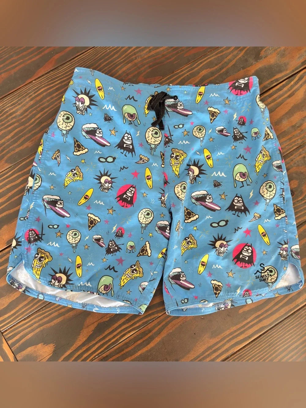 Seaesta Surf x The Aquabats Boardshorts Men 34 Super Cyan Blue Swim Trunks 7”